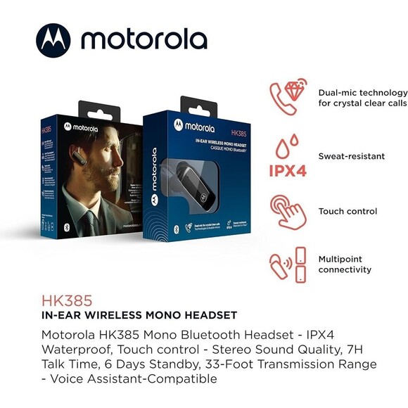 Motorola HK385 Bluetooth Wireless Headset in-Ear Mono Earpiece CVC Touch Control - Picture 1 of 6